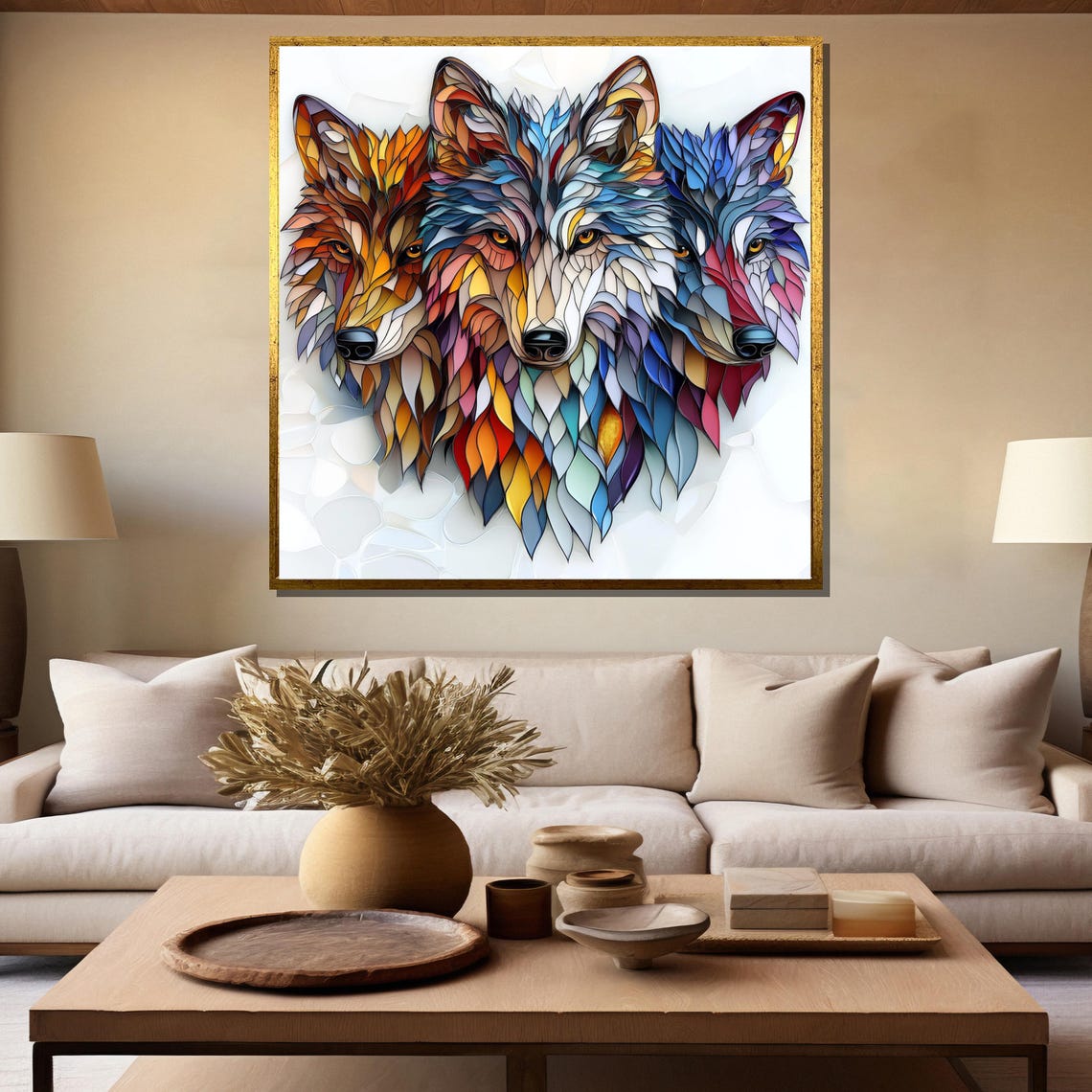 Three Colorful Mosaic Wolves in Vibrant Feather Pattern Modern Poster - Image 5