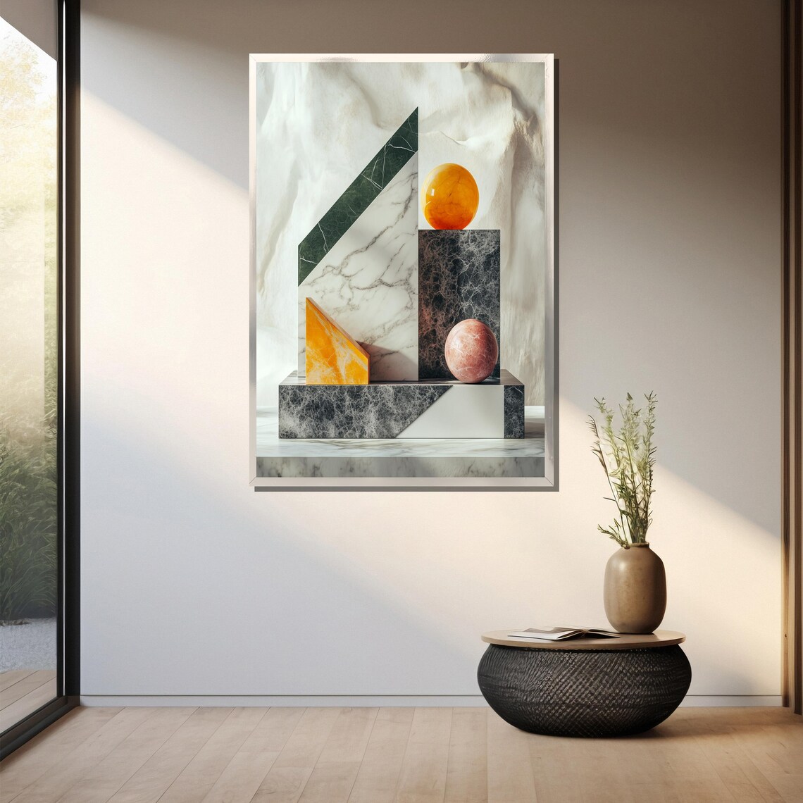 Luxury Marble Geometric Still Life with Green and Amber Shapes Poster - Image 3