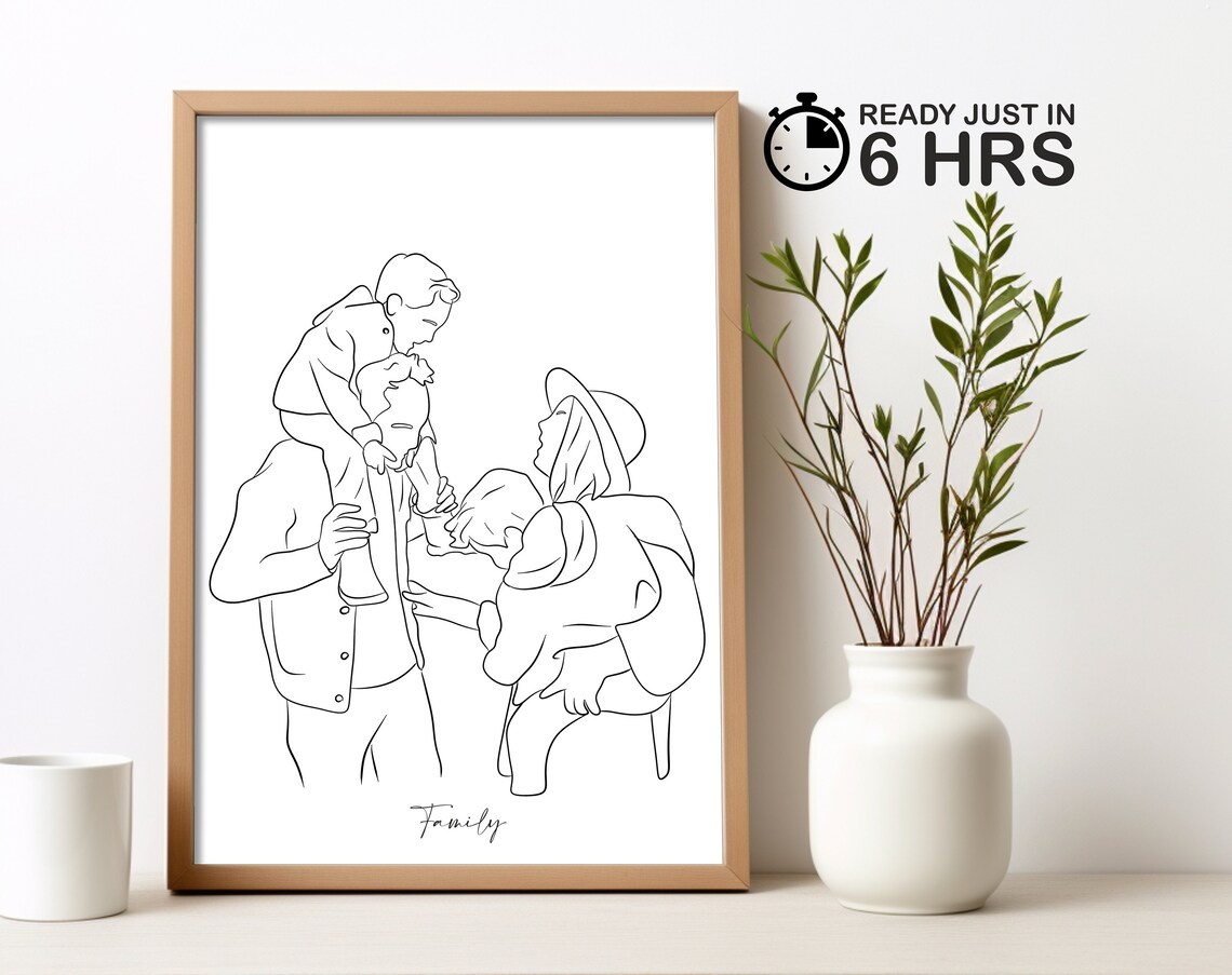Custom Family of Three Line Art Portrait Poster with Playful Pose
