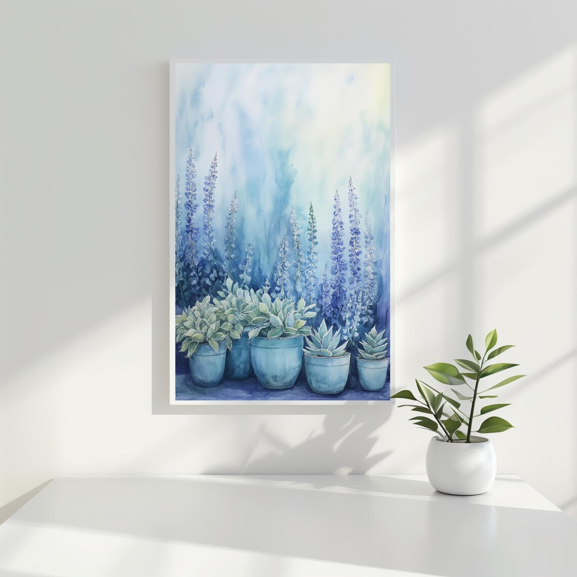 Potted Succulents in Blue Pots Watercolor Botanical Painting Poster
