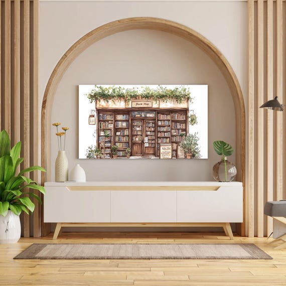 Vintage Bookstore Wall Art Literary Lover Print Cozy Book Shop Illustration Decor Library Gift