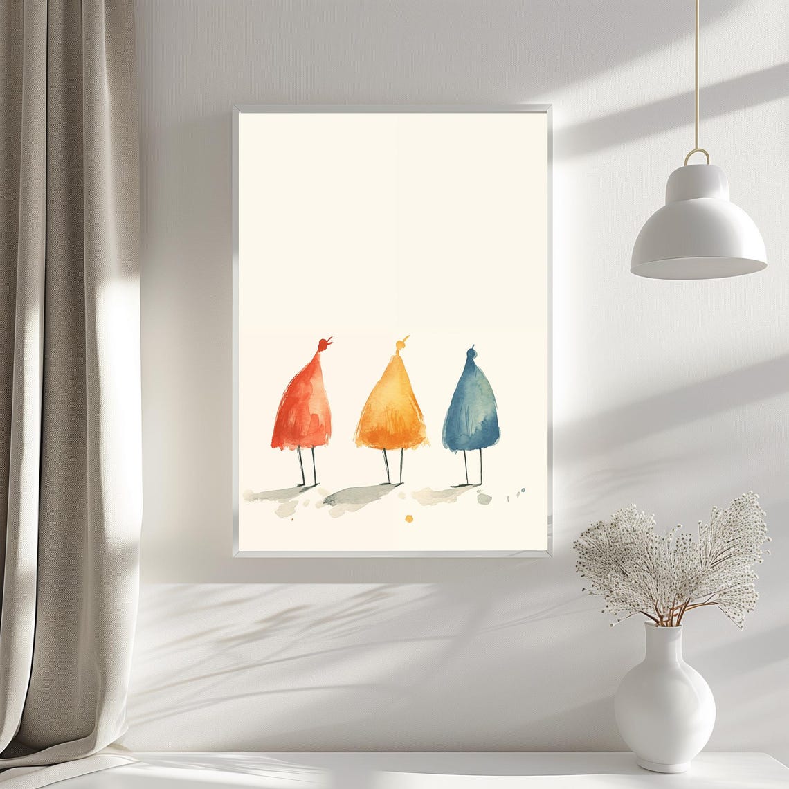 Three Quirky Watercolor Songbirds in Red Orange and Blue Poster