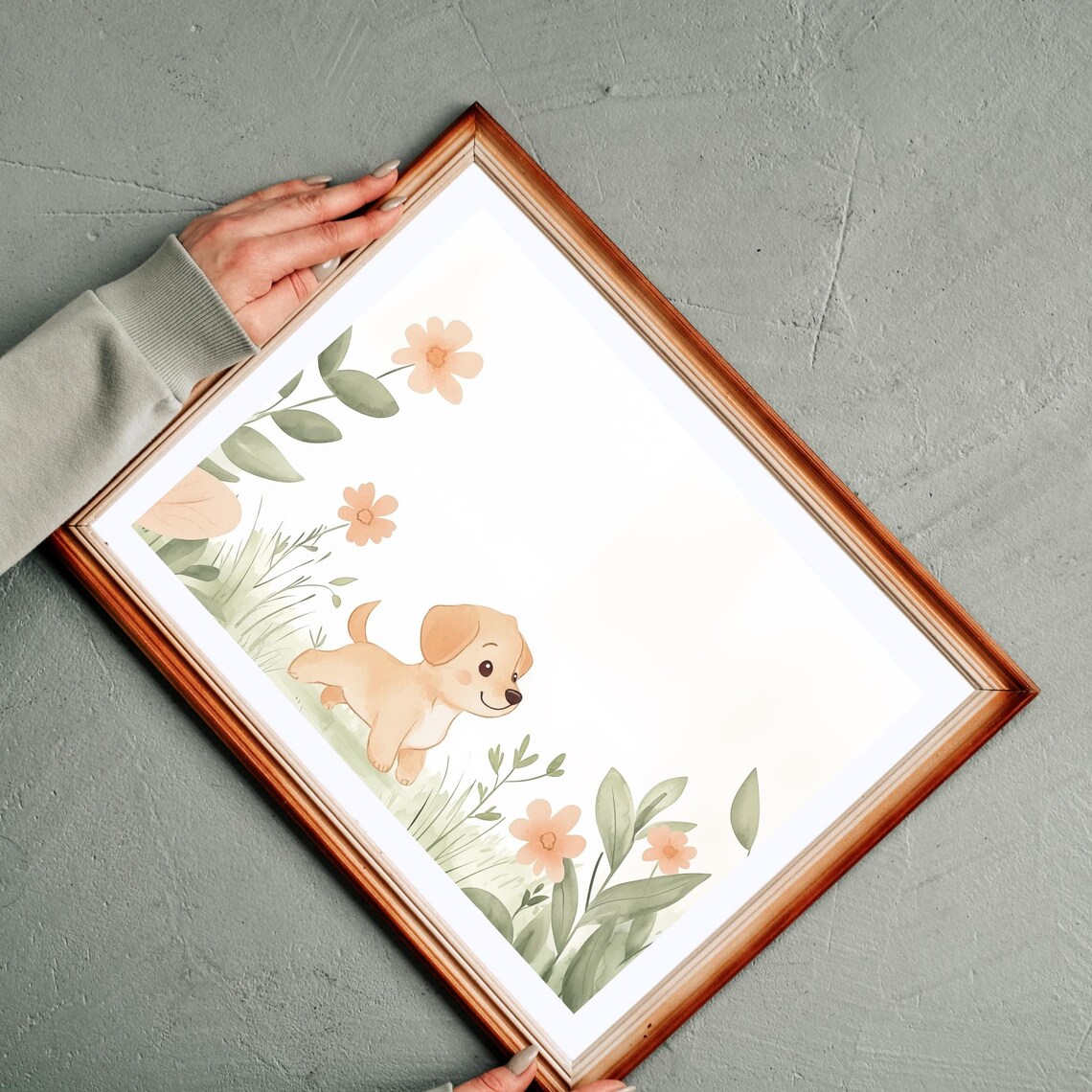 Beautiful Cute Cartoon Puppy Floral Meadow Nursery Sweet Baby Wall Art