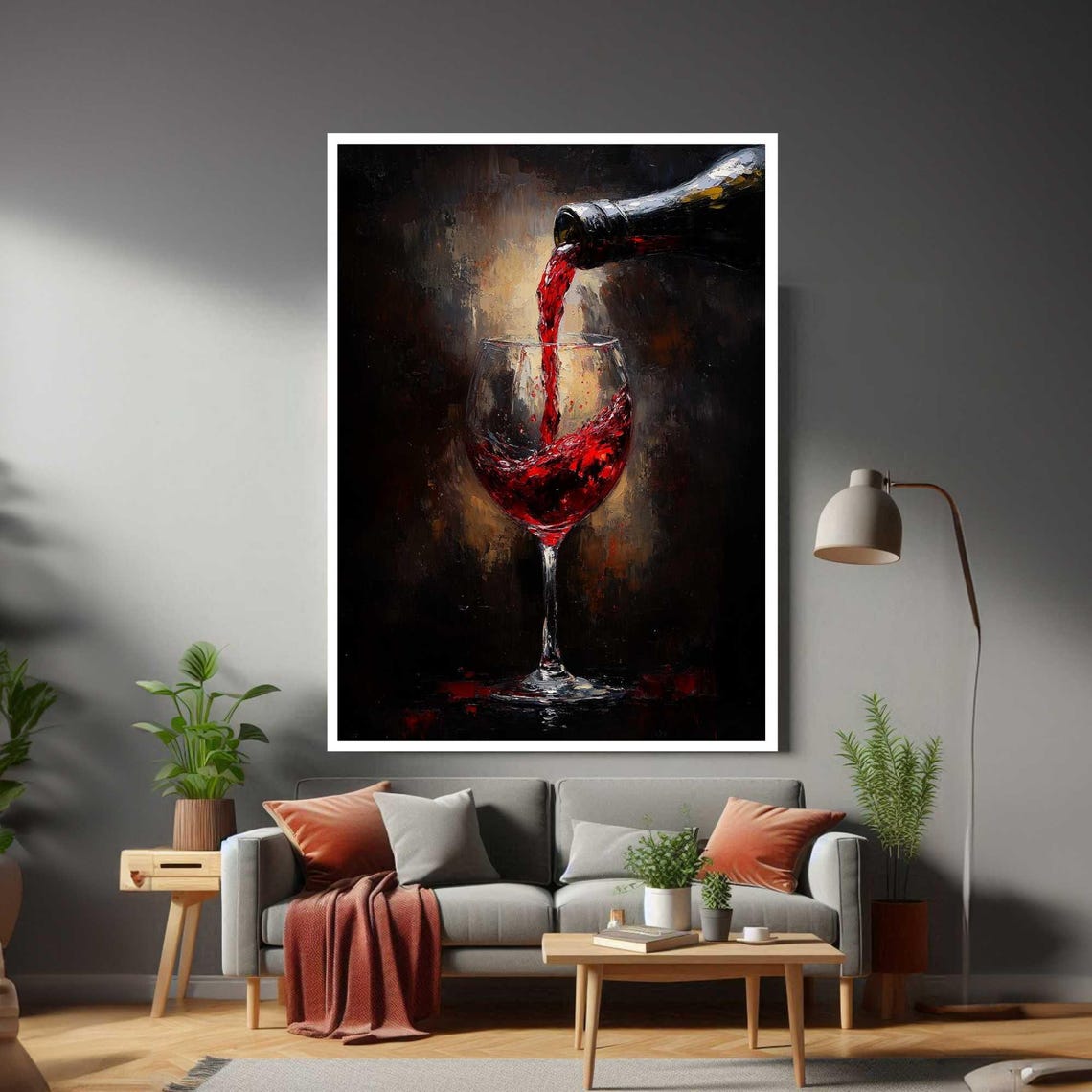 Red Wine Pouring Bottle Into Glass Dark Moody Painting Bar Art Poster