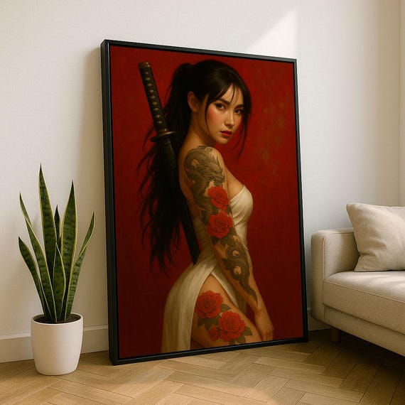 Elegant Japanese Woman With Sword Canvas Wall Art Print Bold Red Living Room Decor Statement Piece