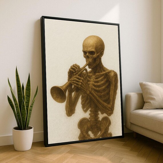 Skeleton Playing Trumpet Sepia Vintage Jazz Musician Art Poster
