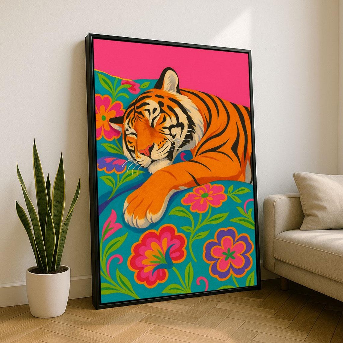 Colorful Sleeping Tiger Canvas Wall Art Print Pop Living Room Decor Statement Piece