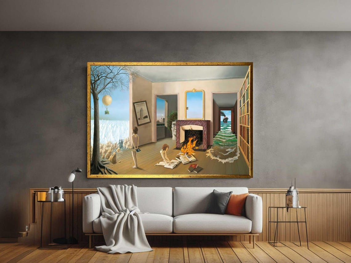 Surrealist Room with Ocean Waves Fireplace and Books Art Poster