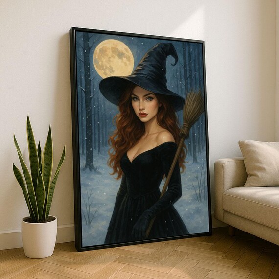 Beautiful Witch Full Moon Snowy Forest Halloween Night Art Poster
