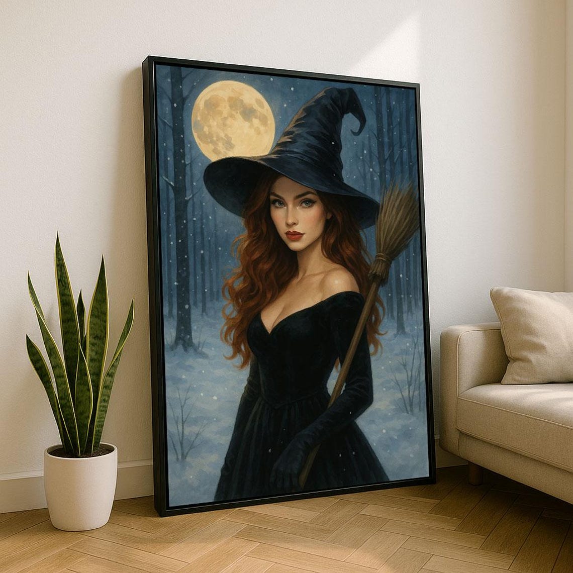 Beautiful Witch Full Moon Snowy Forest Halloween Night Art Poster