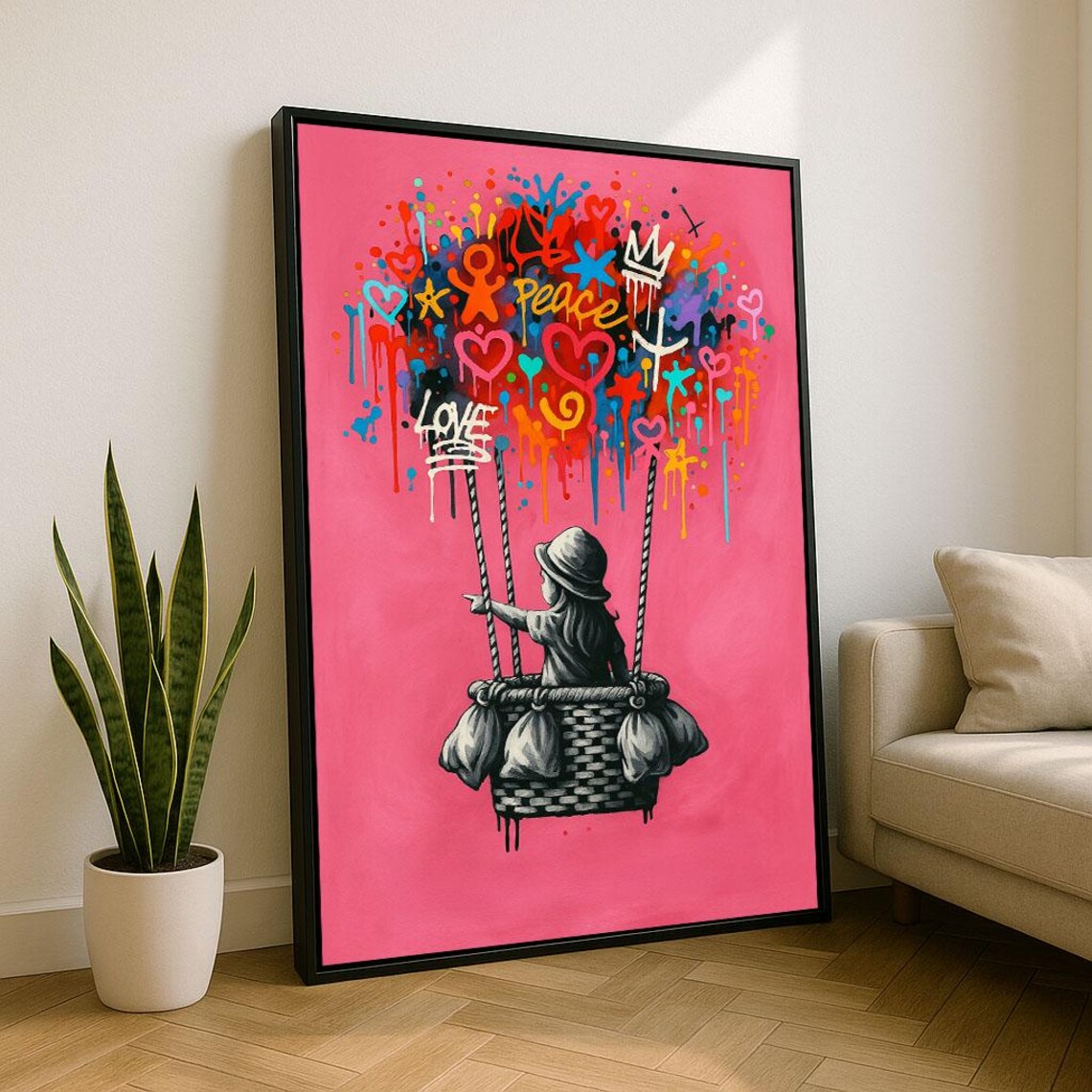 Girl In Balloon Basket Graffiti Hearts Pink Background Street Poster