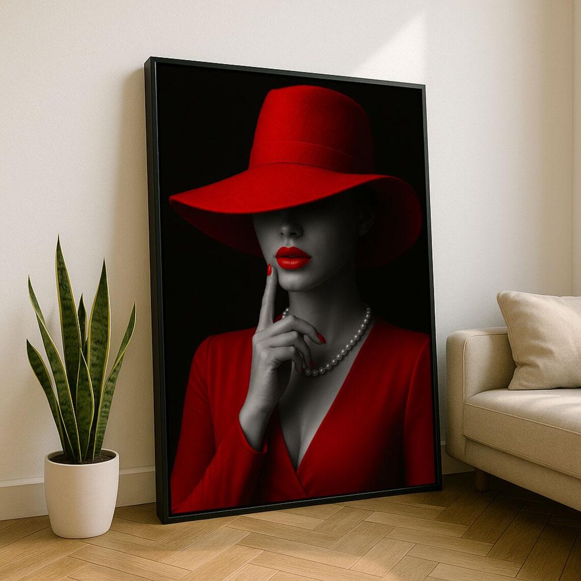 Lady in Red Hat and Dress with Pearls Finger to Lips Secretive Art Poster