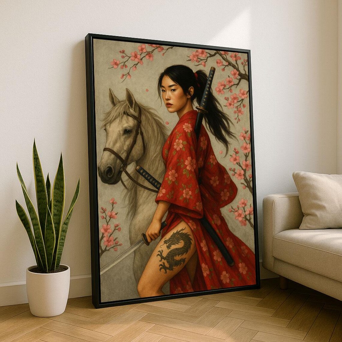 Warrior Woman And Horse Cherry Blossom Red Kimono Japanese Art Poster