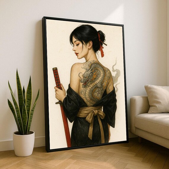 Elegant Japanese Woman With Dragon Tattoo Canvas Wall Art Print Zen Bedroom Decor Statement Piece