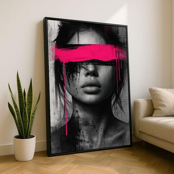 Edgy Modern Woman Portrait With Pink Accent Canvas Wall Art Bold Living Room Decor Statement Piece