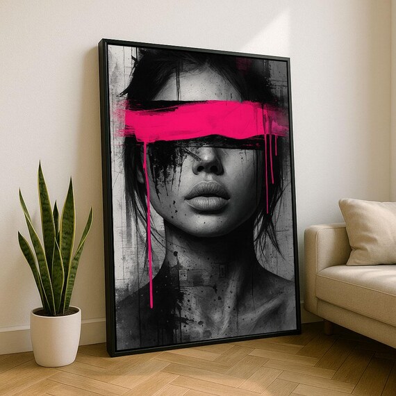 Woman Face Hot Pink Stripe Edgy Modern Grunge Portrait Poster
