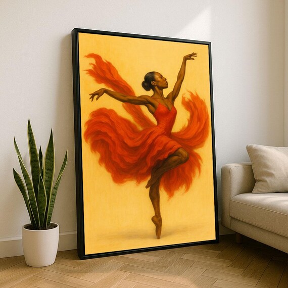 Ballerina Fiery Orange Dress Golden Ballet Dance Painting Poster