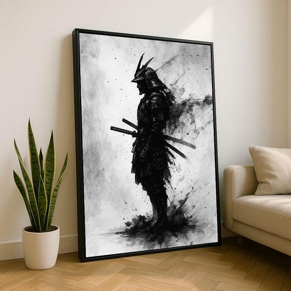 Bold Samurai Warrior Canvas Wall Art Print Monochrome Living Room Decor Statement Piece