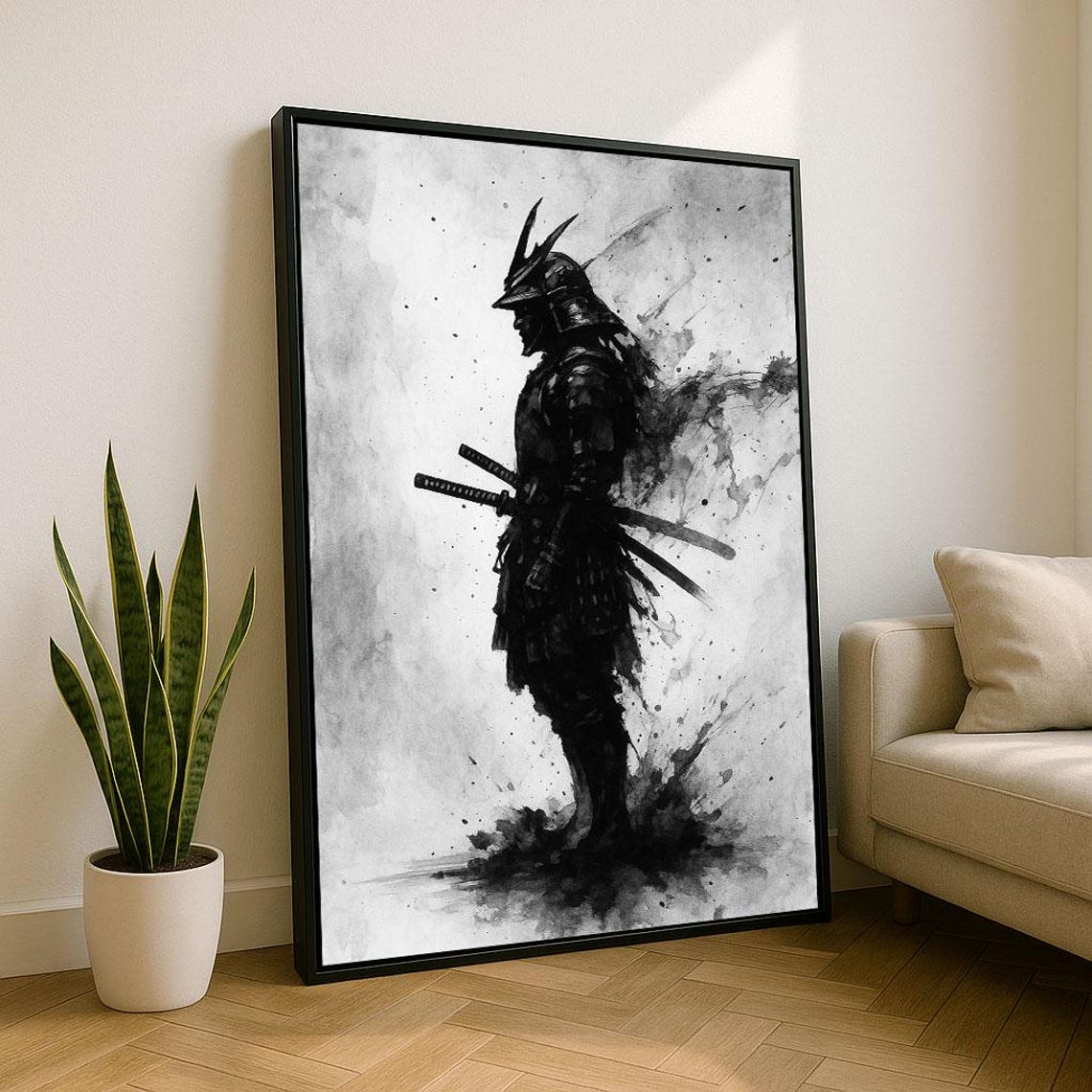 Black Ink Samurai Warrior Silhouette Dramatic Japanese Art Poster