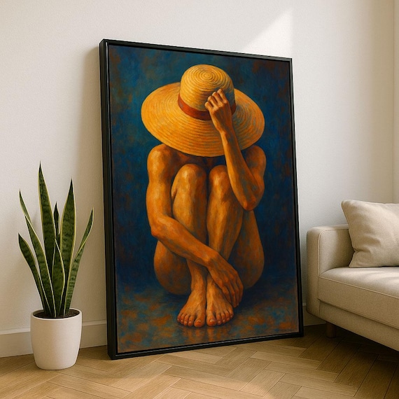 Calm Nude Woman Straw Sun Hat Seated Blue Orange Painting Poster
