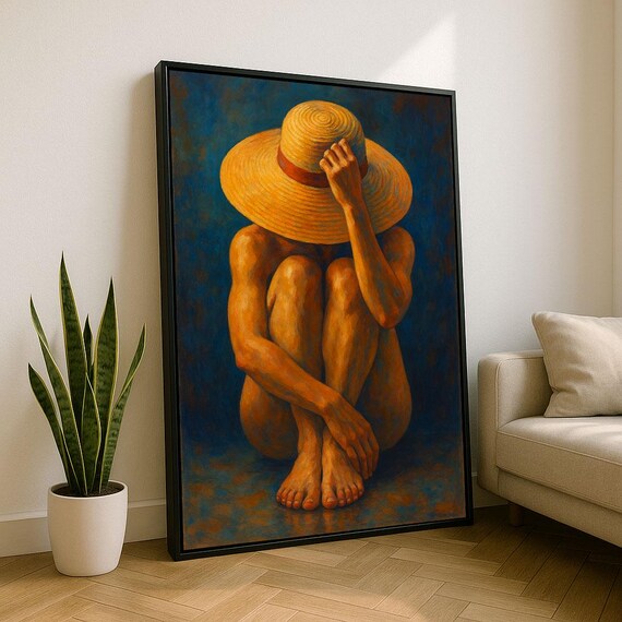 Calming Nude Woman In Sun Hat Canvas Wall Art Print Blue And Orange Living Room Decor Statement Piece
