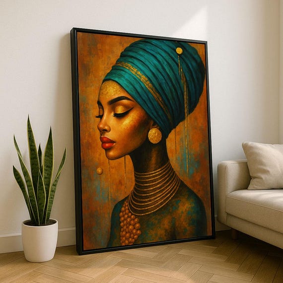 Bold African Woman Portrait Canvas Wall Art Print Boho Living Room Decor Statement Piece