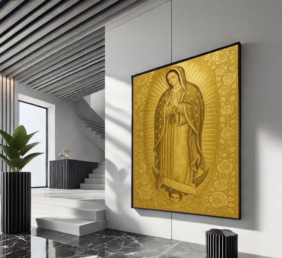 Radiant Golden Our Lady of Guadalupe Roses Sacred Icon Poster
