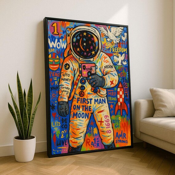 Astronaut First Man On The Moon Graffiti Pop Art Colorful Space Poster