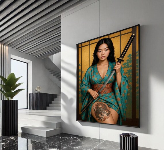 Asian Woman In Teal Kimono With Katana Tattoo Gold Art Poster