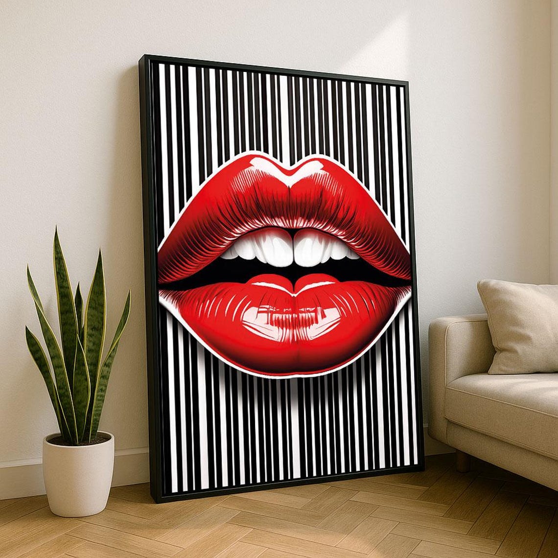 Classic Red Lips Pop Art Poster On Black And White Striped Wall