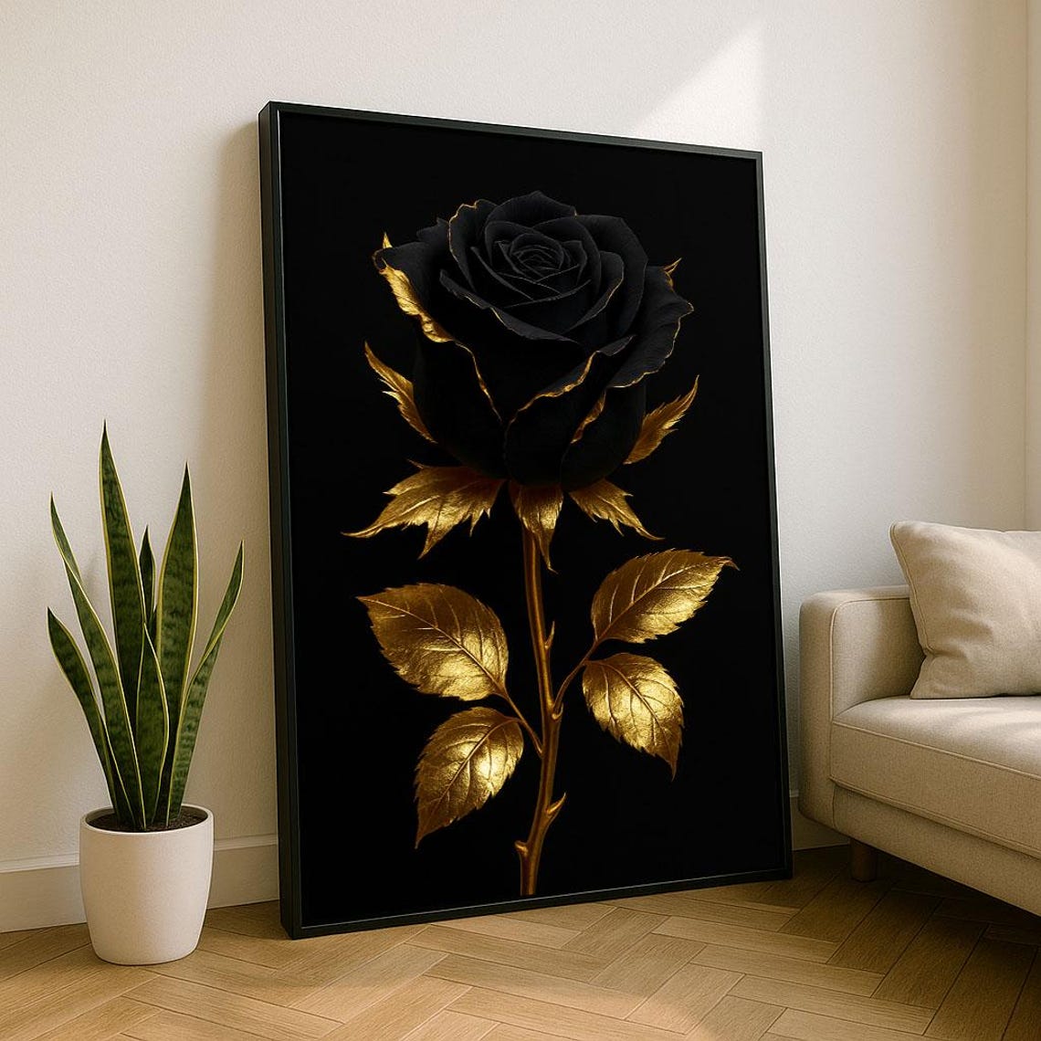 Luxury Black Rose With Gold Petals Elegant Botanical Art Poster