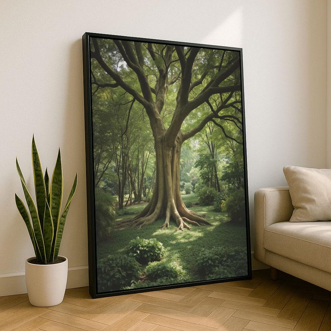 Majestic Ancient Oak Tree Sunlit Green Forest Landscape Poster