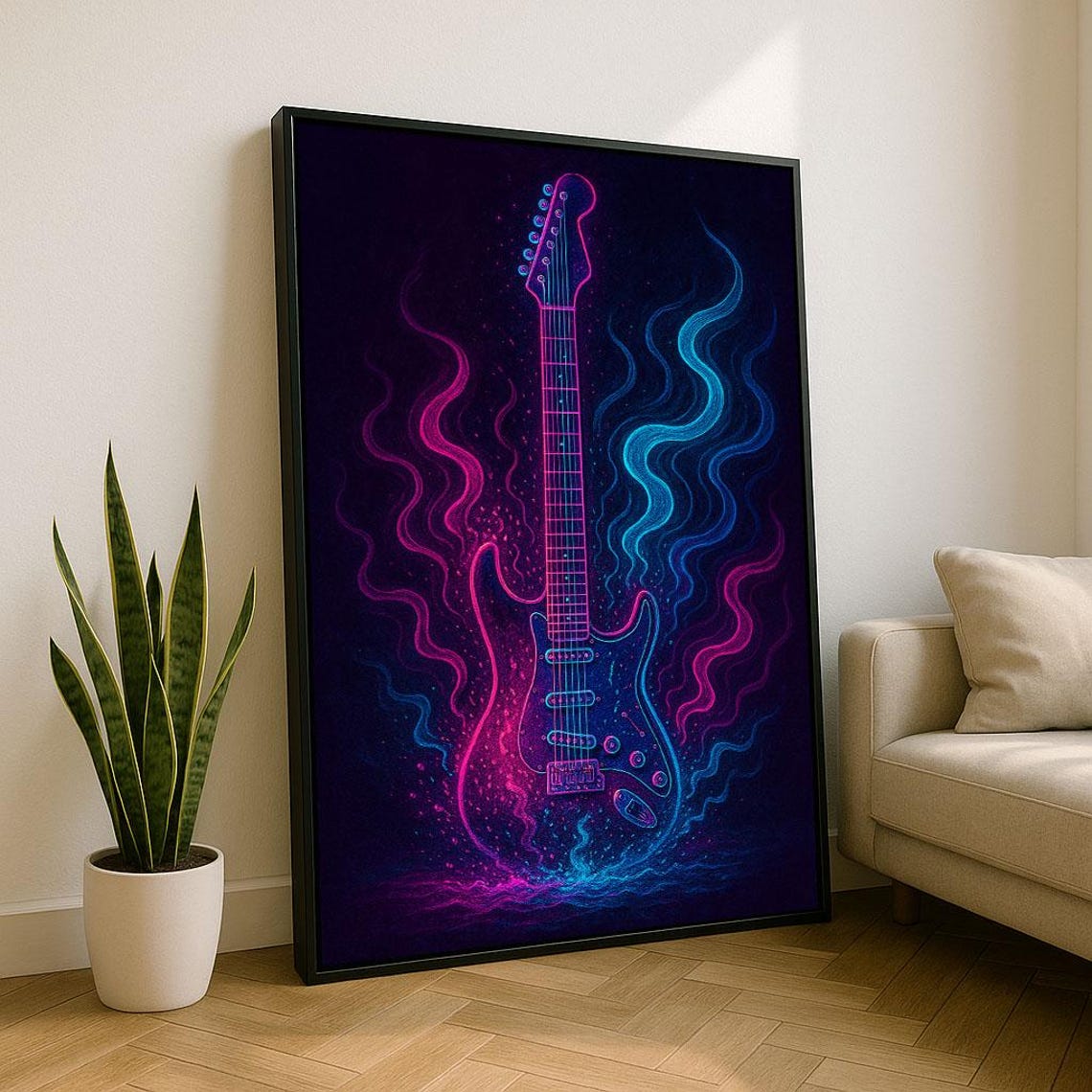 Neon Electric Guitar Pink Blue Glow On Black Background Poster