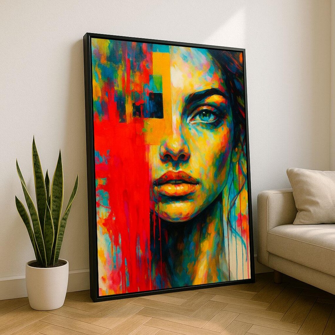 Vibrant Modern Woman Portrait Canvas Wall Art Print Bold Colorful Living Room Decor Statement Piece