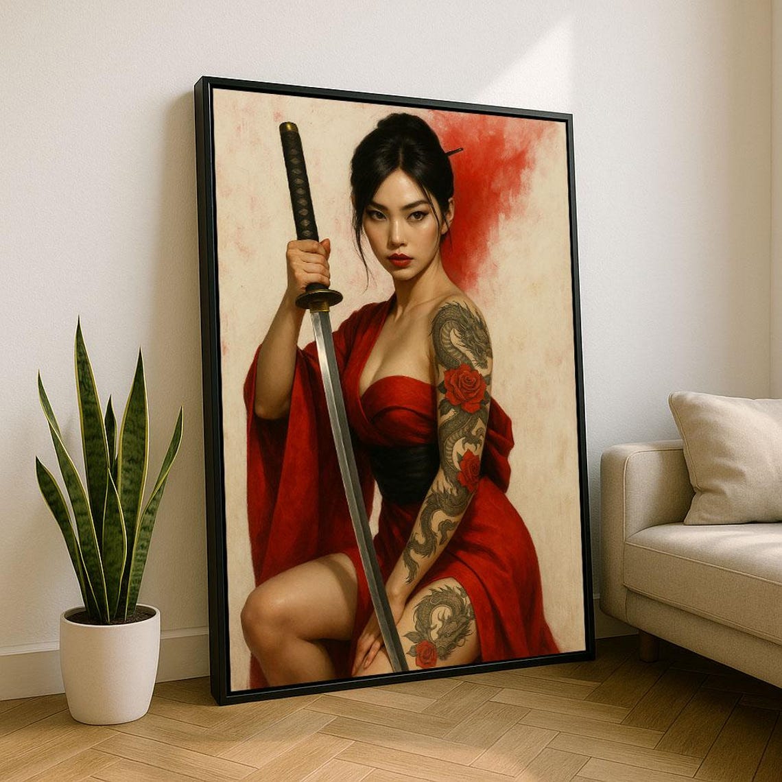 Tattooed Samurai Woman in Red Dress with Katana Bold Art Poster