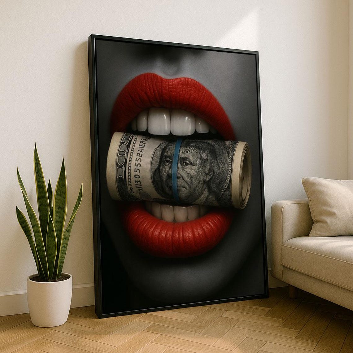 Bold Red Lips Biting Roll Of Money Hundred Dollar Pop Poster