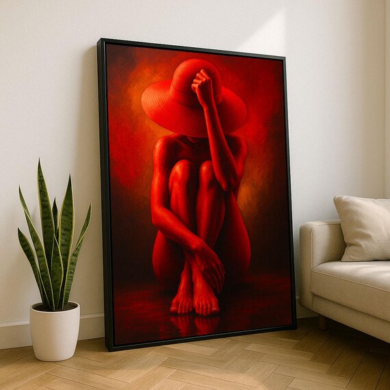 Elegant Woman in Red With Hat Monochrome Deep Scarlet Art Poster
