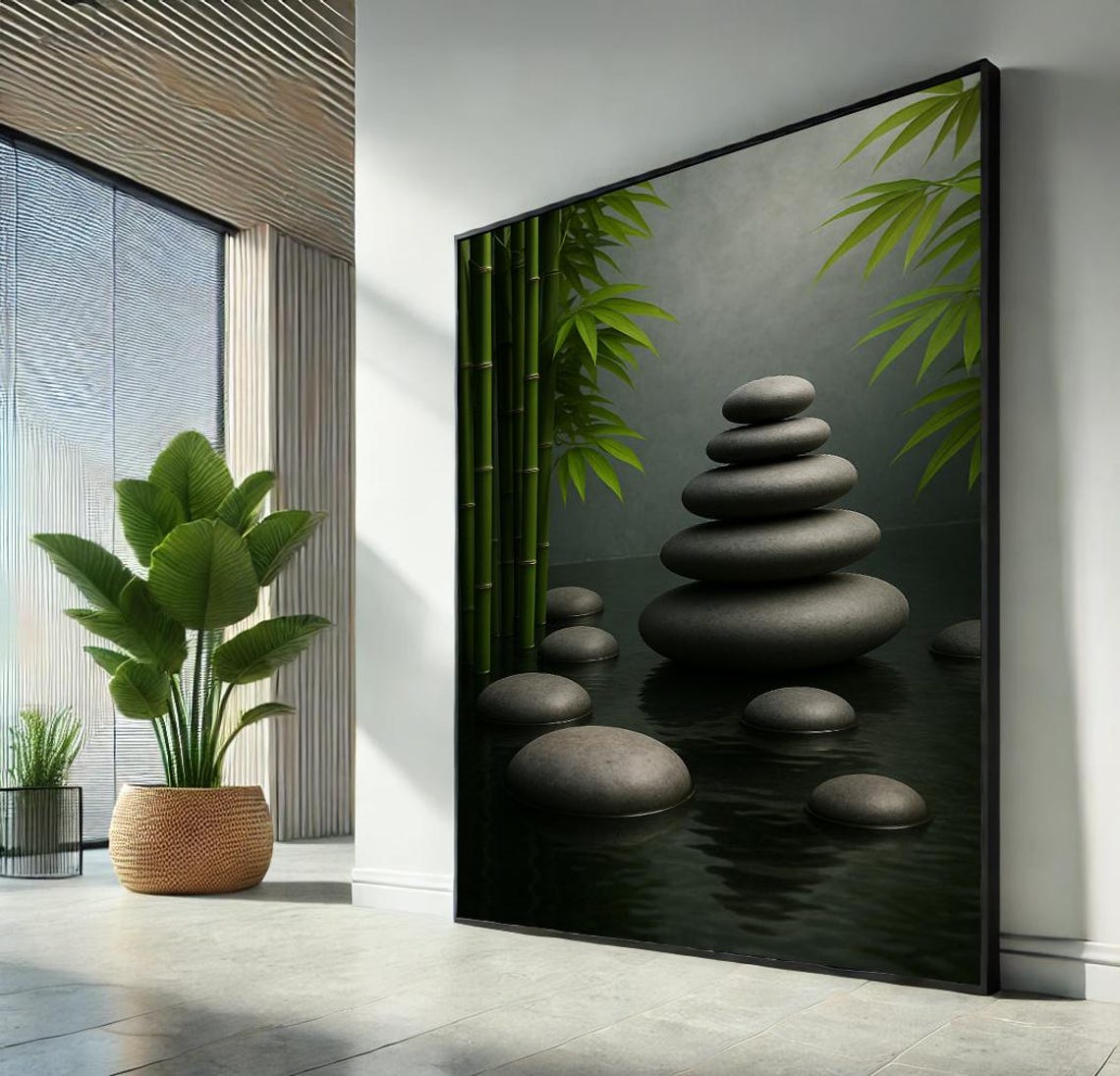 Zen Stacked Stones and Bamboo on Dark Water Tranquil Spa Meditation Poster