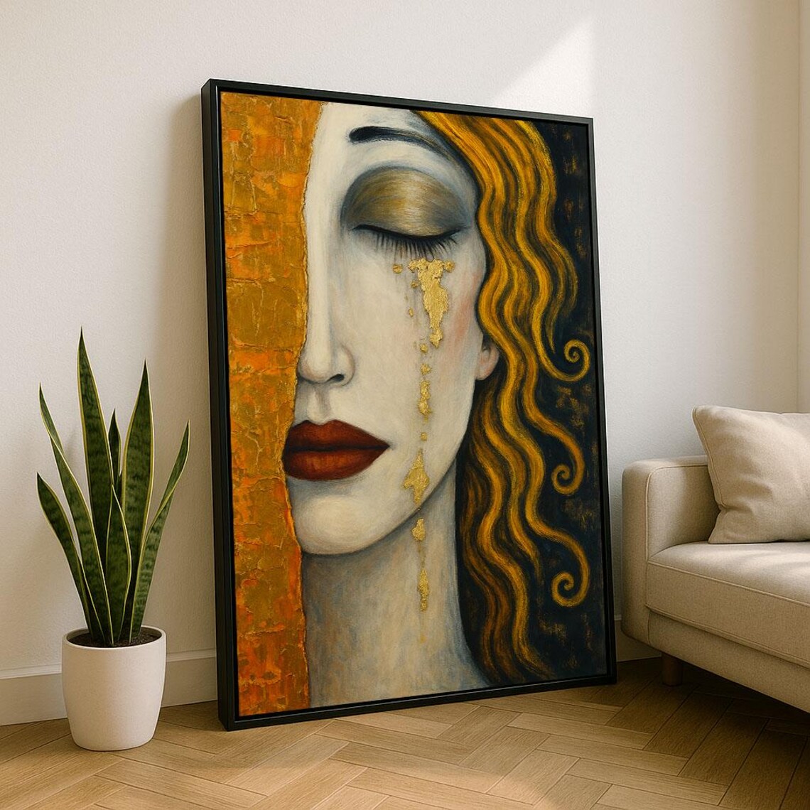 Klimt Inspired Woman Gold Leaf Tears Black Hair Portrait Poster
