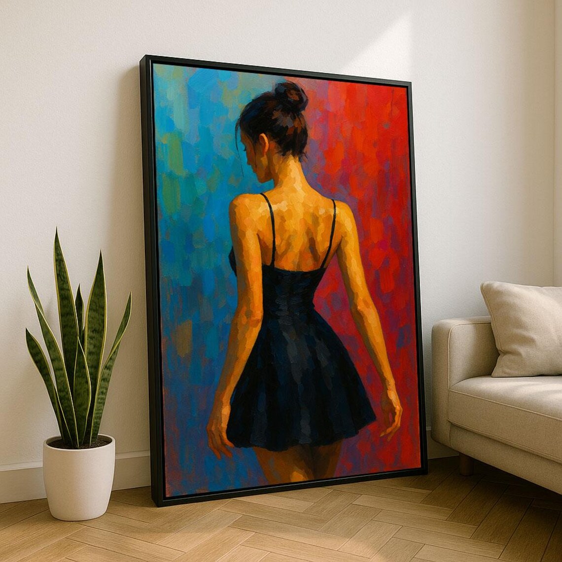 Elegant Woman in Black Dress Painterly Blue and Red Art Poster