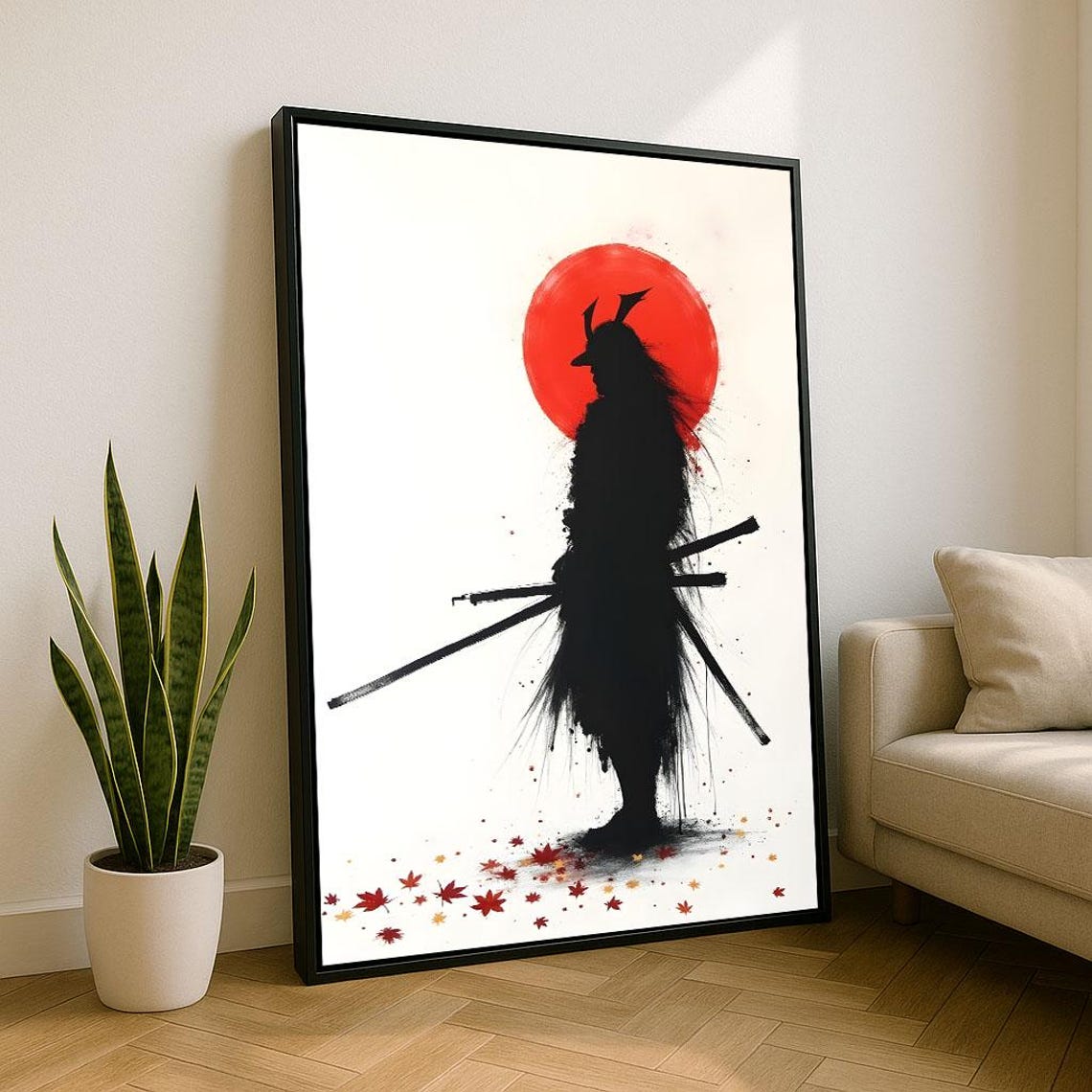 Bold Samurai Silhouette Before Red Sun Autumn Leaves Ink Poster