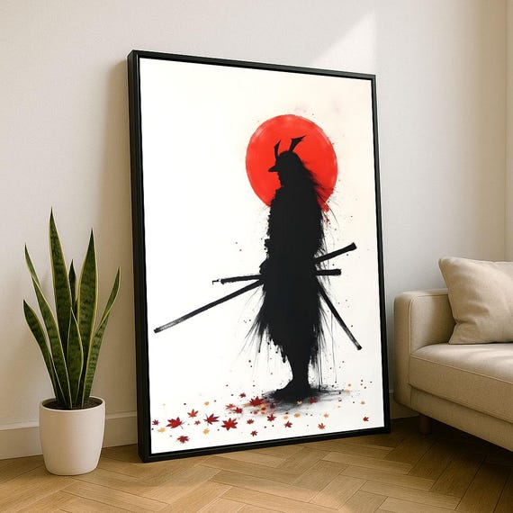 Bold Samurai Silhouette Canvas Wall Art Print Japanese Modern Living Room Decor Statement Piece