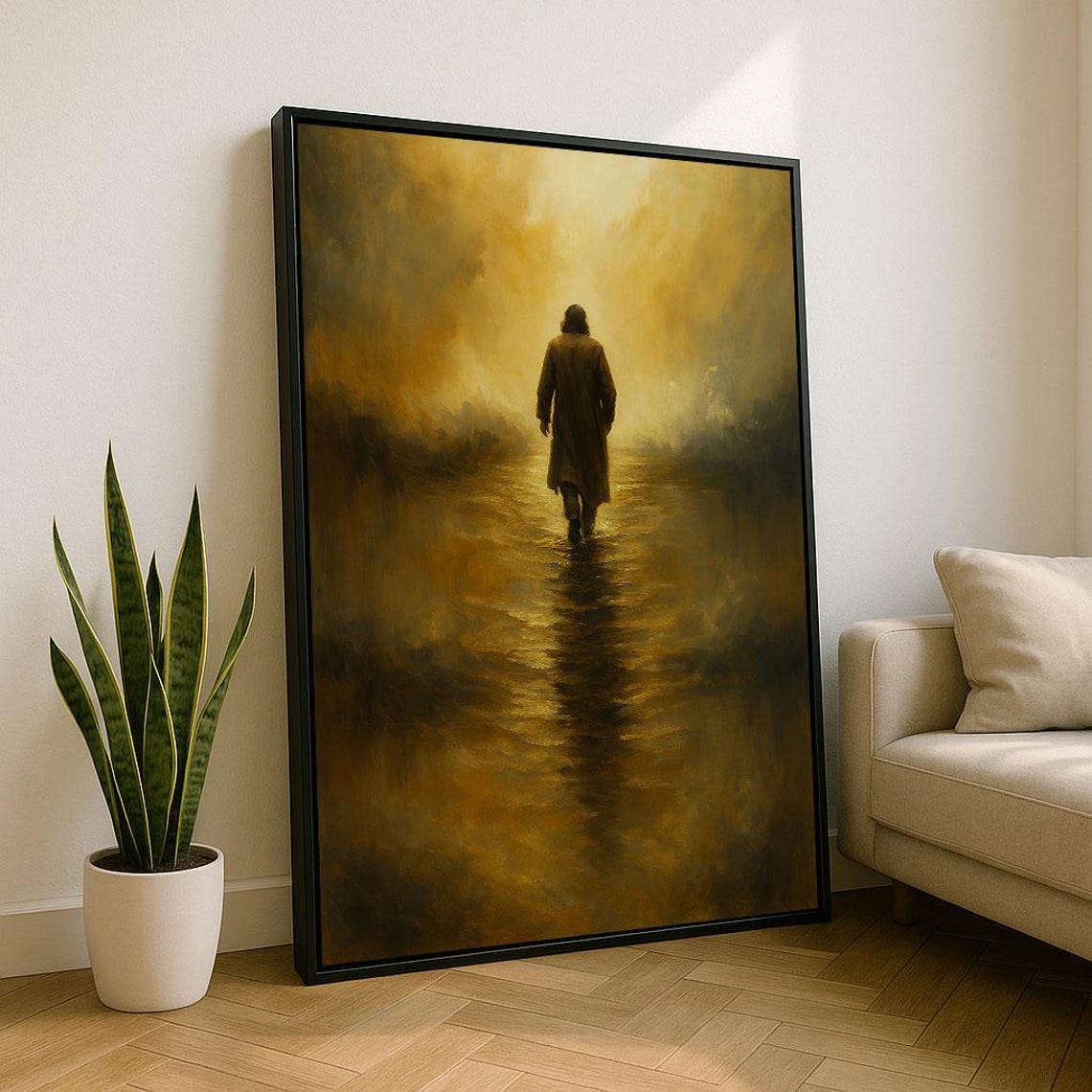 Robed Figure Walking Through Golden Mist Spiritual Art Poster