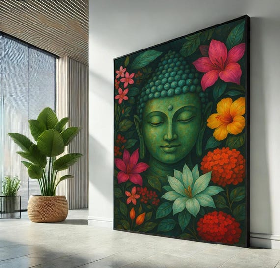 Green Buddha With Colorful Flowers Tropical Zen Canvas Wall Art Print Spiritual Meditation Decor Boho Floral Home Poster Ready To Hang