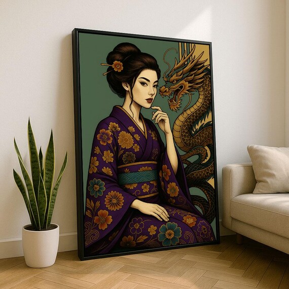 Elegant Japanese Woman With Dragon Canvas Wall Art Print Oriental Living Room Decor Statement Piece
