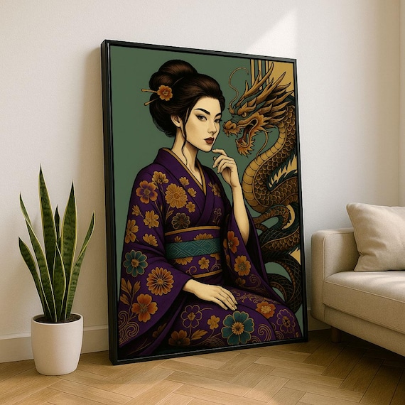 Japanese Woman Dragon Emerald Kimono Stylized Oriental Poster