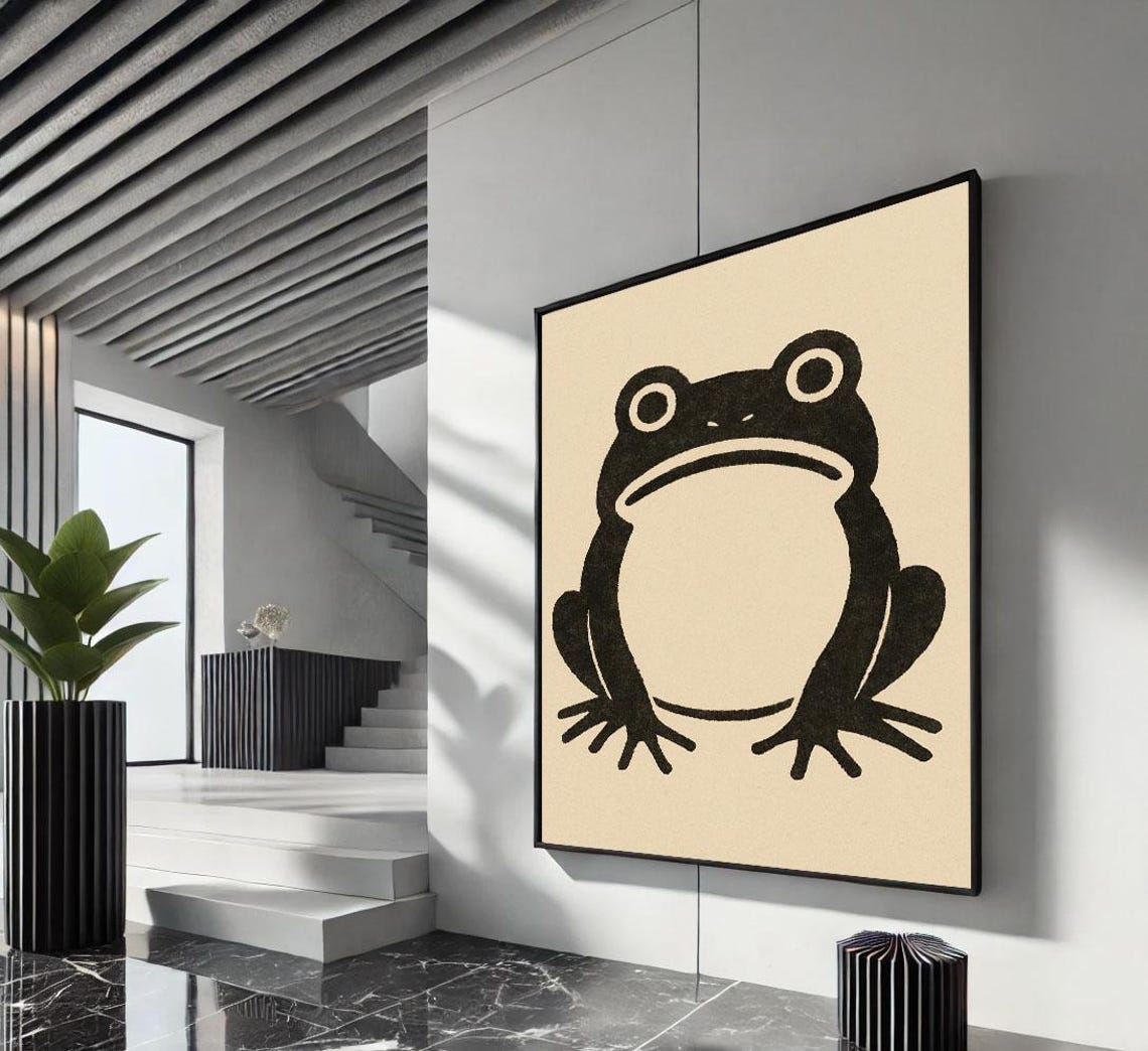Minimalist Black Frog Monochrome Japanese Woodblock Style Poster