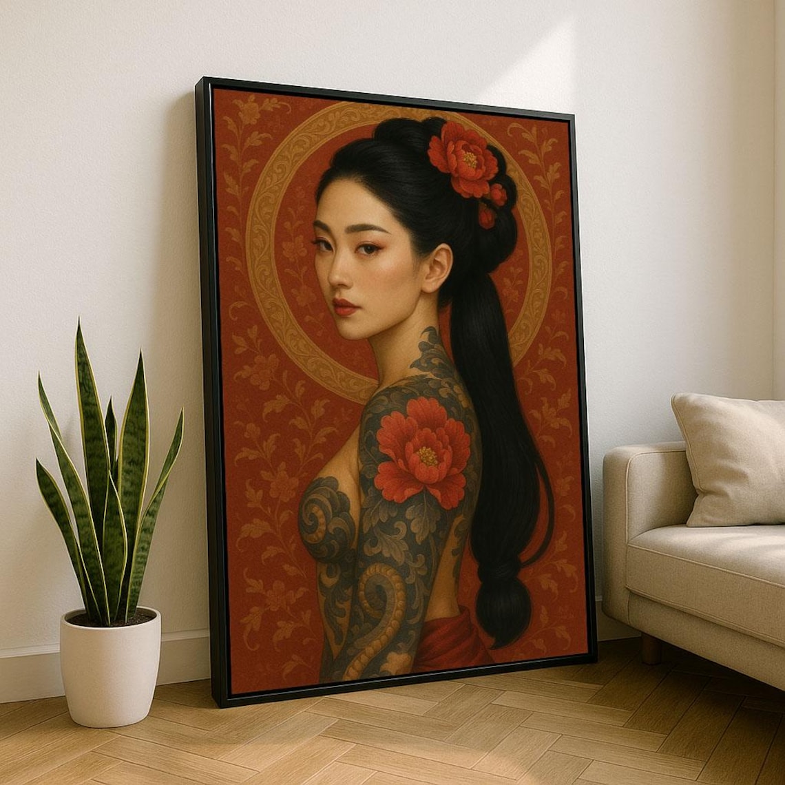 Asian Woman with Peony Tattoo Red Halo Elegant Portrait Poster