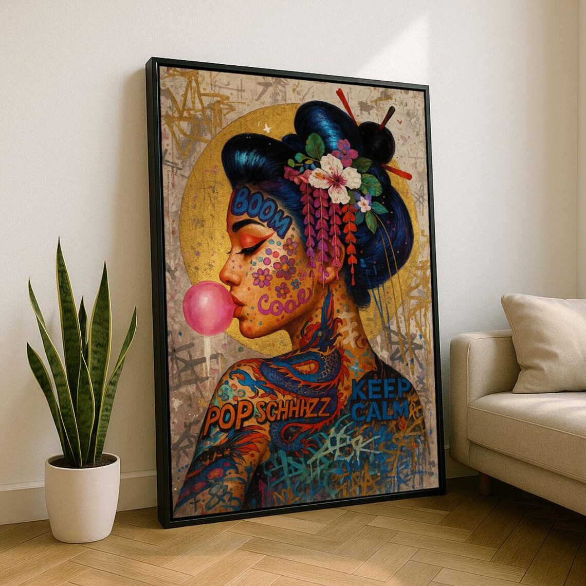 Pop Art Geisha Blowing Bubblegum With Tattoos Colorful Street Poster
