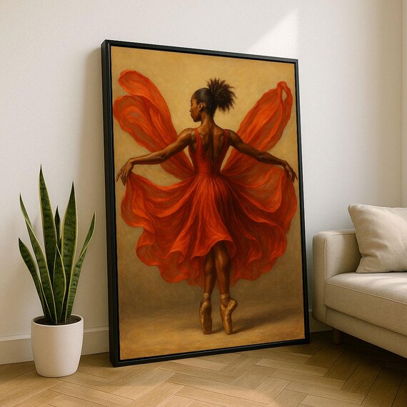 Elegant Ballerina In Flowing Red Dress Canvas Wall Art Print Modern Living Room Decor Statement Piece